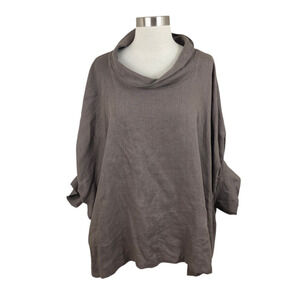 Linen Fairy Tales L/XL Brown Linen Cowl Neck Lagenlook Relaxed Dolman Sleeve Top